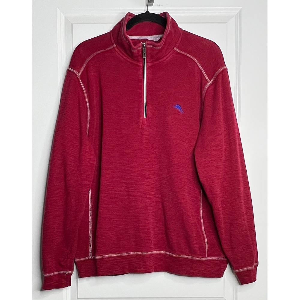 Tommy Bahama Mens Large Red Flipshore Quarter Zip Pullover Sweater Pima Cotton